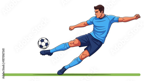Soccer Player Kicking Ball in Mid-Action.