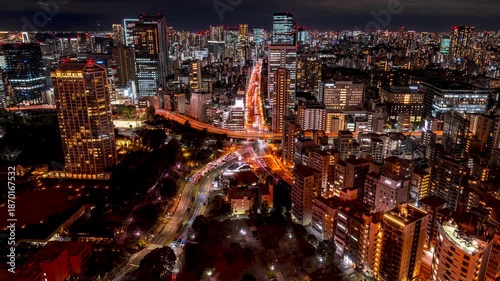 Aerial night view of Akabanebashi Intersection, known as 