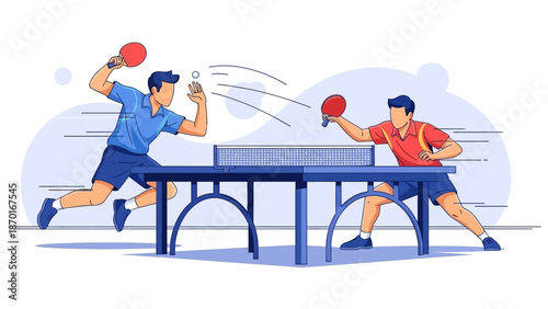 Two men playing table tennis during a match.