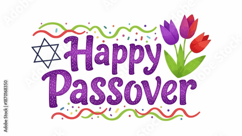 Happy Passover Holiday Greeting with Star of David and Tulips, Festive Illustration