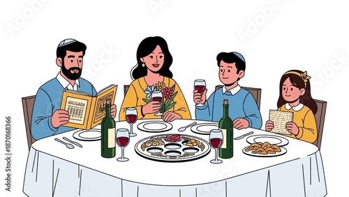 Happy Family Celebrating Passover Seder with Matzah and Wine