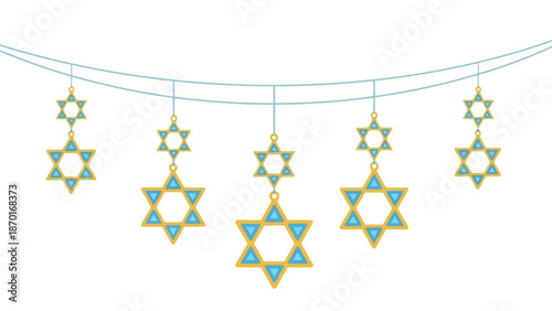 Hanging Star of David decorations with blue and gold colors on a string