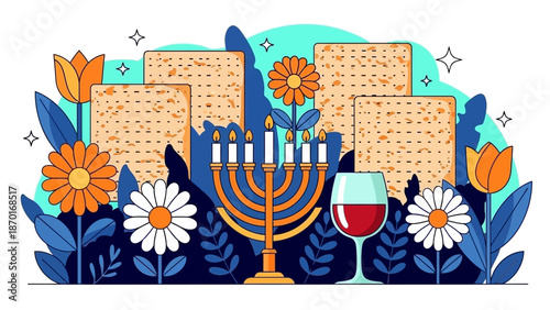 Passover Seder Symbols: Matzah, Wine, Menorah, and Flowers
