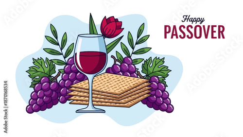 Happy Passover Greeting with Matzah, Wine, Grapes, and Tulip Flower Illustration