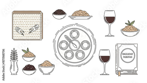 Passover Seder Plate, Matzah, Wine, and Traditional Foods - Religious Holiday Symbols