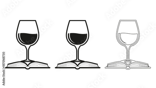 Wine Glass Above Open Book Vector Illustrations in Three Styles