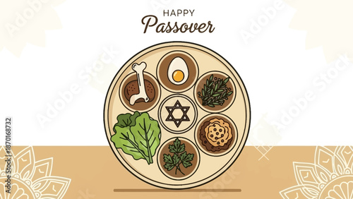 Happy Passover Seder Plate with Symbolic Foods and Star of David Illustration
