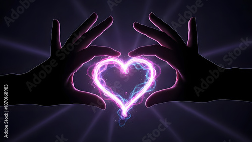 Glowing Heart Shape Formed by Hands with Electric Energy and Purple Rays