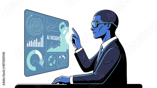Man in Suit Analyzing Data on Screen.