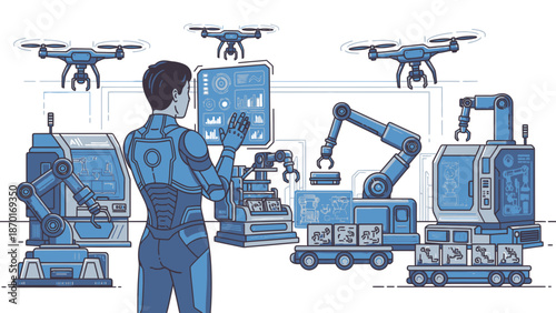 Man in blue uniform with robotic machines.