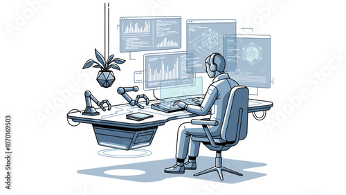 Man Working on Computer with Headphones.