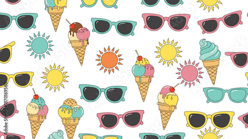 Colorful summer icons pattern with sunglasses and ice cream cones
