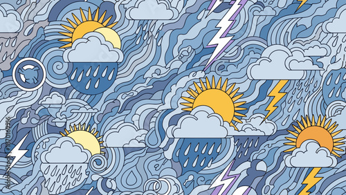 Weather forecast illustration with sunny and rainy clouds and lightning bolts in a swirling blue pattern