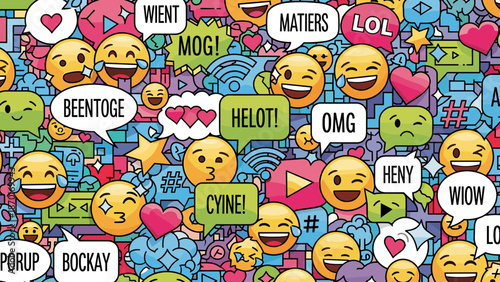 Colorful emojis and text bubbles with various expressions and reactions on a blue background