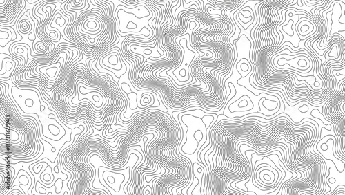 Black and white abstract topographic map with wavy lines and shapes pattern