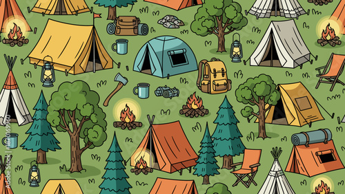 Colorful cartoon illustration of a campsite with tents and trees on green grass