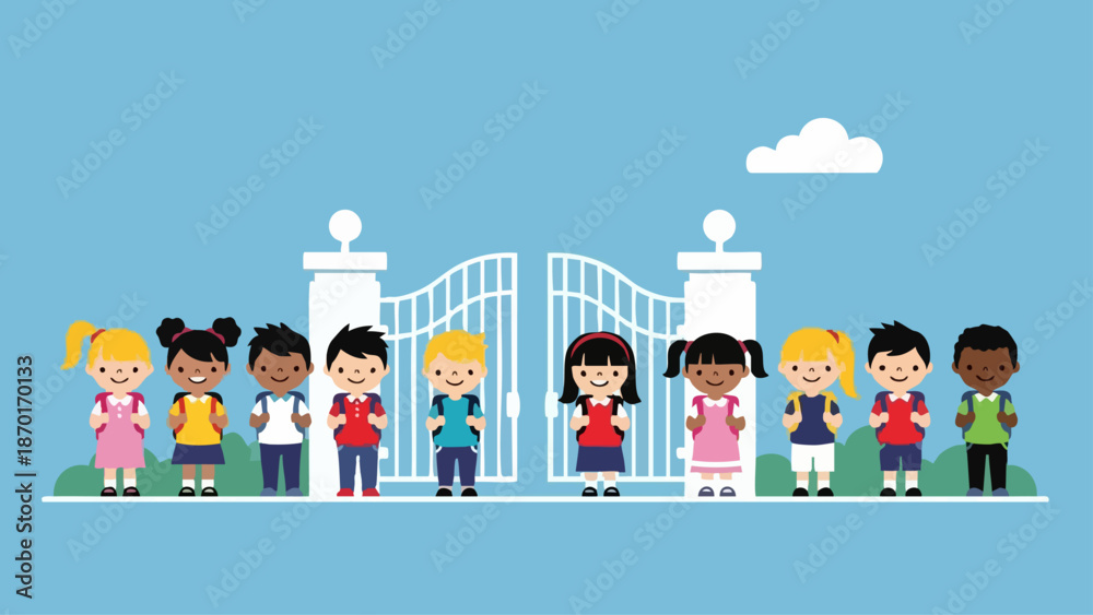 Fototapeta premium Diverse group of happy school children with backpacks ready for education.