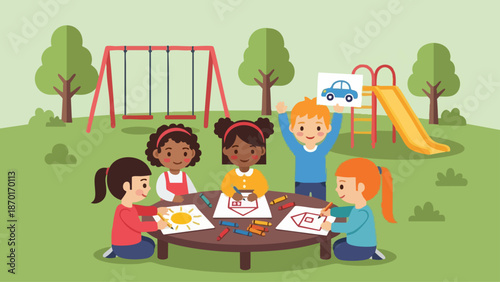 Children Drawing Pictures at a Round Table in the Park.