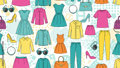 Colorful clothing and accessories arranged in a patterned seamless repeat design