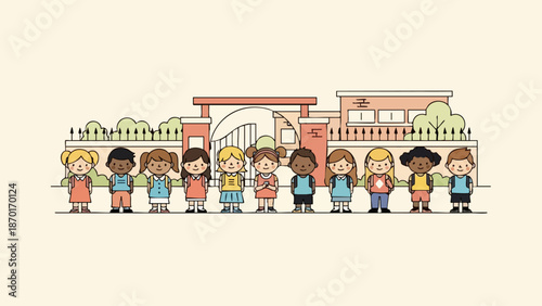 Diverse Group of Children Standing in Front of School Building.