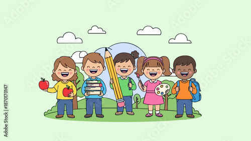 Happy diverse group of children smiling and laughing together in a park.