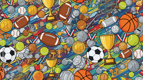 Colorful illustration of various sports equipment and medals in a chaotic arrangement