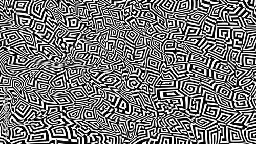 Black and white optical illusion pattern with geometric shapes and lines