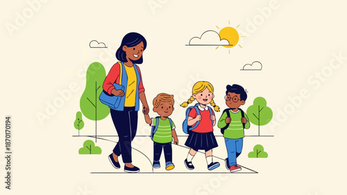 Caring female teacher guiding three young school children outside.