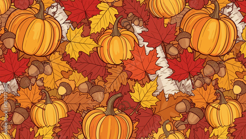 Vibrant autumn seamless pattern with pumpkins, leaves, and acorns in warm orange, red, and yellow hues