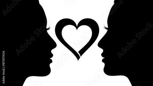 Two Silhouette Profiles Facing Each Other with Heart Symbol Between Them