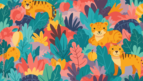 Vibrant illustration of tigers and tropical leaves in a colorful jungle pattern