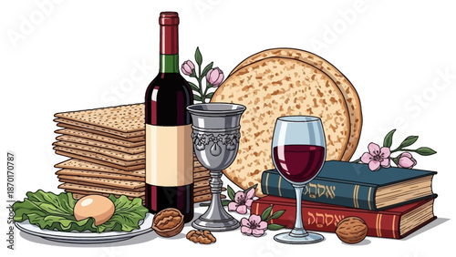 Passover Seder Table Setting with Matzah, Wine, Egg, and Books