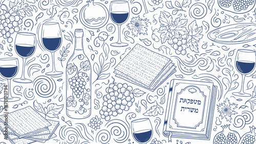 Passover Seder Table Symbols: Matzah, Wine, Grapes, and Haggadah