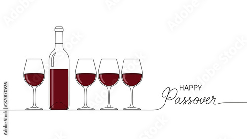 Happy Passover Greeting with Wine Bottle and Glasses in Minimalist Art Style