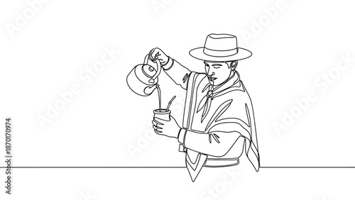 Man in poncho and hat preparing traditional South American mate drink continuous line art