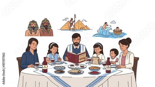 Jewish Family Celebrating Passover Seder with Symbolic Foods and Egyptian History Elements