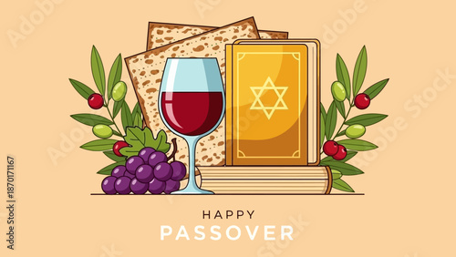 Happy Passover Greeting with Matzah, Wine, Grapes, Olive Branches, and Book