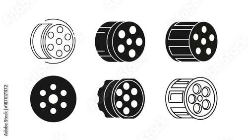 Collection of Film Reel Icons: Outline, Solid, and Isometric Styles