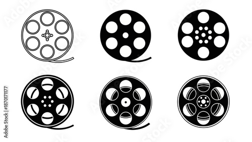 Set of Film Reel Icons and Symbols with Film Strip, Cinema and Movie Concept