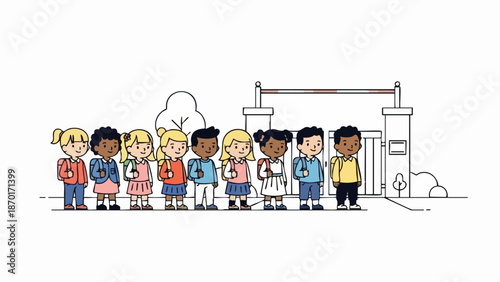 Diverse group of children standing in a line outside school building.