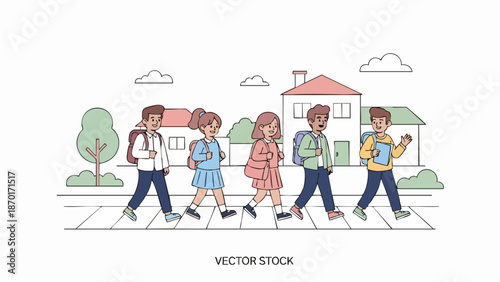 School children walking together with backpacks on their way to class.