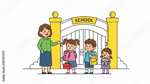 A friendly teacher welcoming three young students at the school gate.