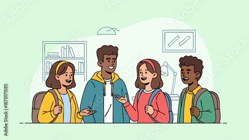 Group of Diverse Students Chatting in School Hallway.