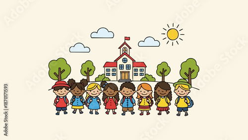 Diverse group of happy children standing in front of a school building.