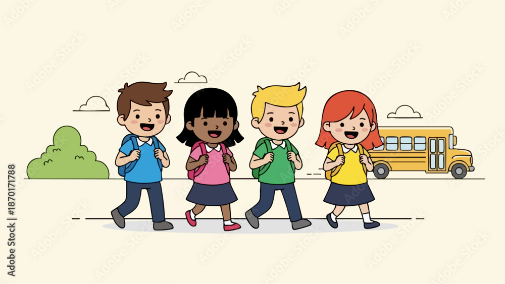 Naklejka premium Group of four students walking to school with backpacks and smiles.