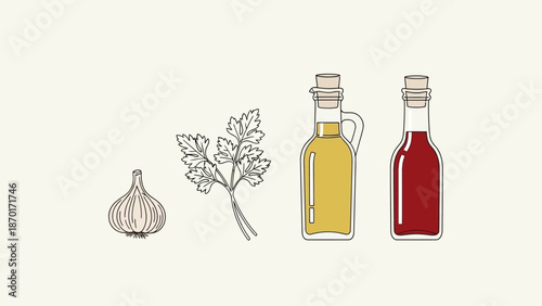 Hand-drawn cooking ingredients set with garlic, parsley, olive oil, and vinegar bottles