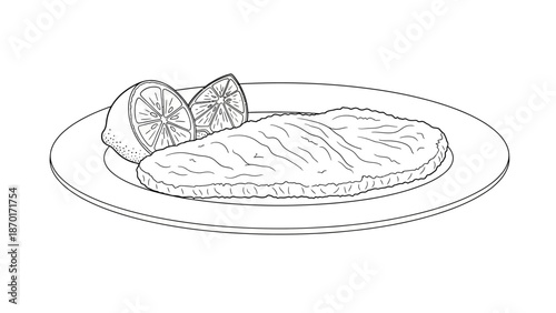 Simple Line Art of a Cooked Meal Fillet with Lemon Slices on a Plate