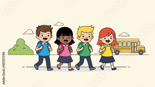 Group of four students walking to school with backpacks and smiles.