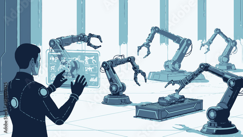 Man Controlling Robotic Arms with Gestures.