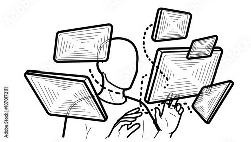 Man Surrounded by Multiple Computer Monitors.